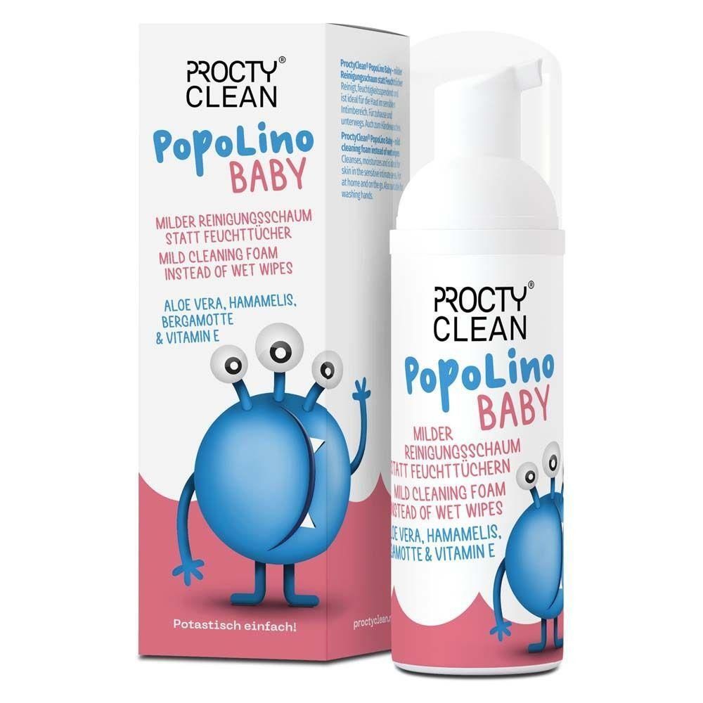 Weiße Flasche und Karton. Aufschrift: ProctyClean PopoLino Baby. Mildes Reinigungsschaum statt Feuchttücher. Mit Aloe Vera, Hamamelis, Bergamotte & Vitamin E.