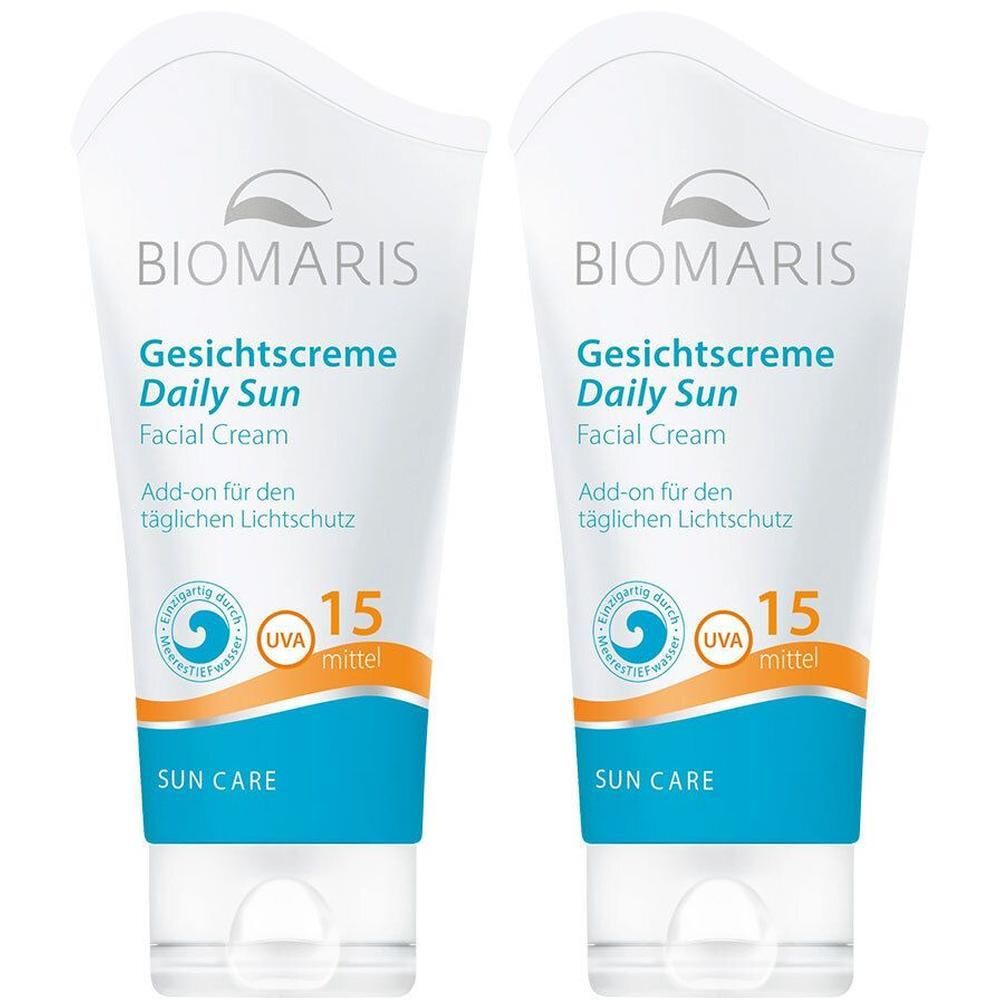 Zwei Tuben BIOMARIS Gesichtscreme Daily Sun SPF 15. Weiße Tuben mit blauer und orangefarbener Beschriftung. UVA-Kennzeichnung.