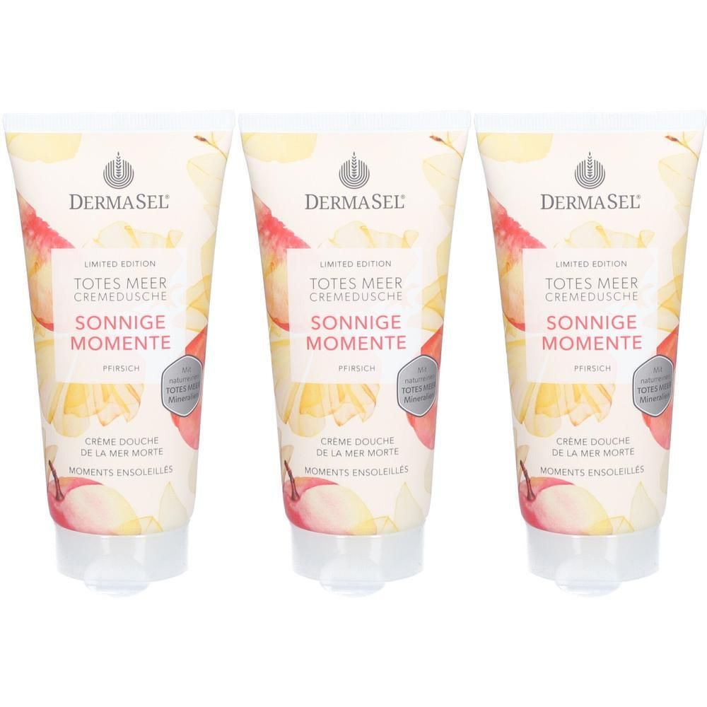 Drei Tuben Creme-Dusche. Auf jeder Tube steht: DERMASEL, Totes Meer, Sonnige Momente. Mit floralem Design und Siegel.