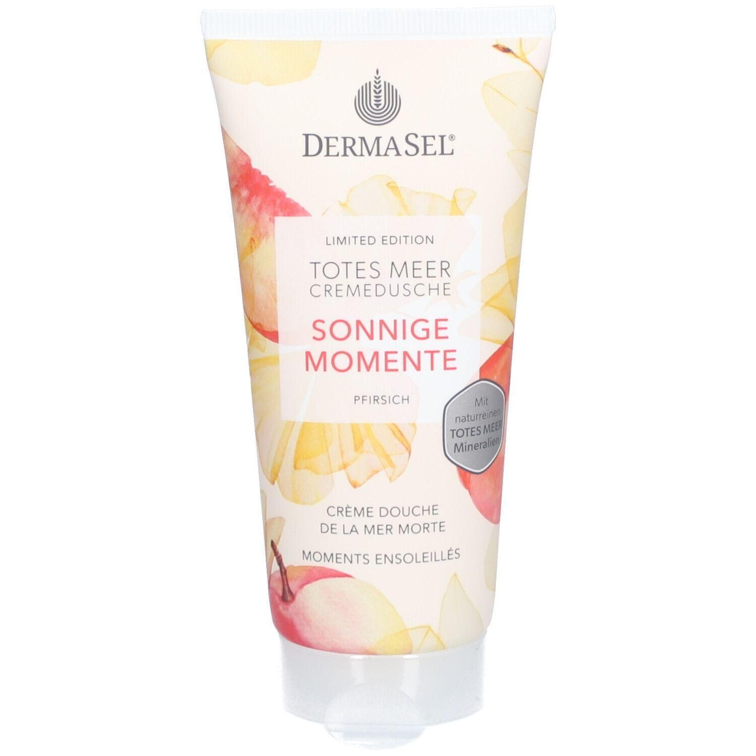 Creme-Dusche-Tube mit floralem Design. Aufschrift: DERMASEL, TOTES MEER, SONNIGE MOMENTE, PFIRSICH. Mit Mineralien.