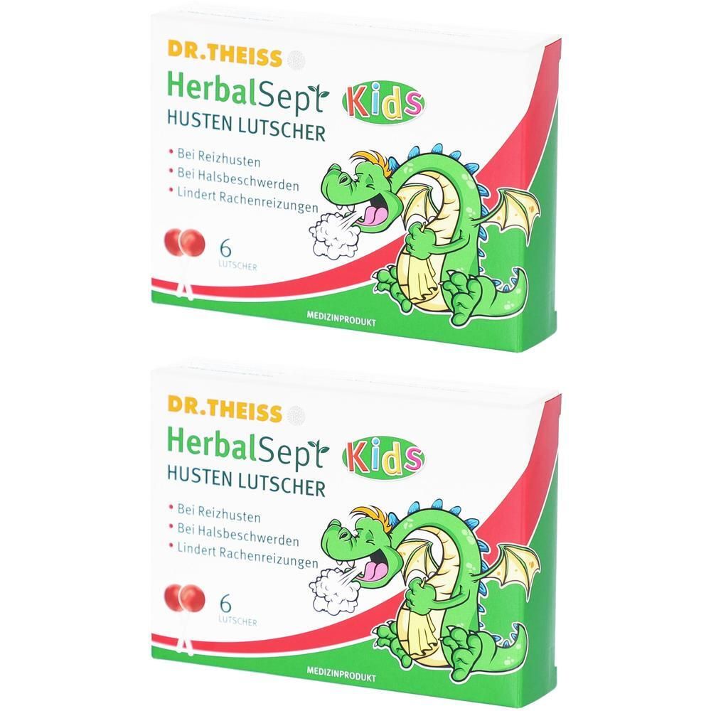 Zwei Packungen Dr. Theiss HerbalSept Kids Hustenlutschern mit Drachenmotiv. Enthält 6 Lutschtabletten pro Packung.