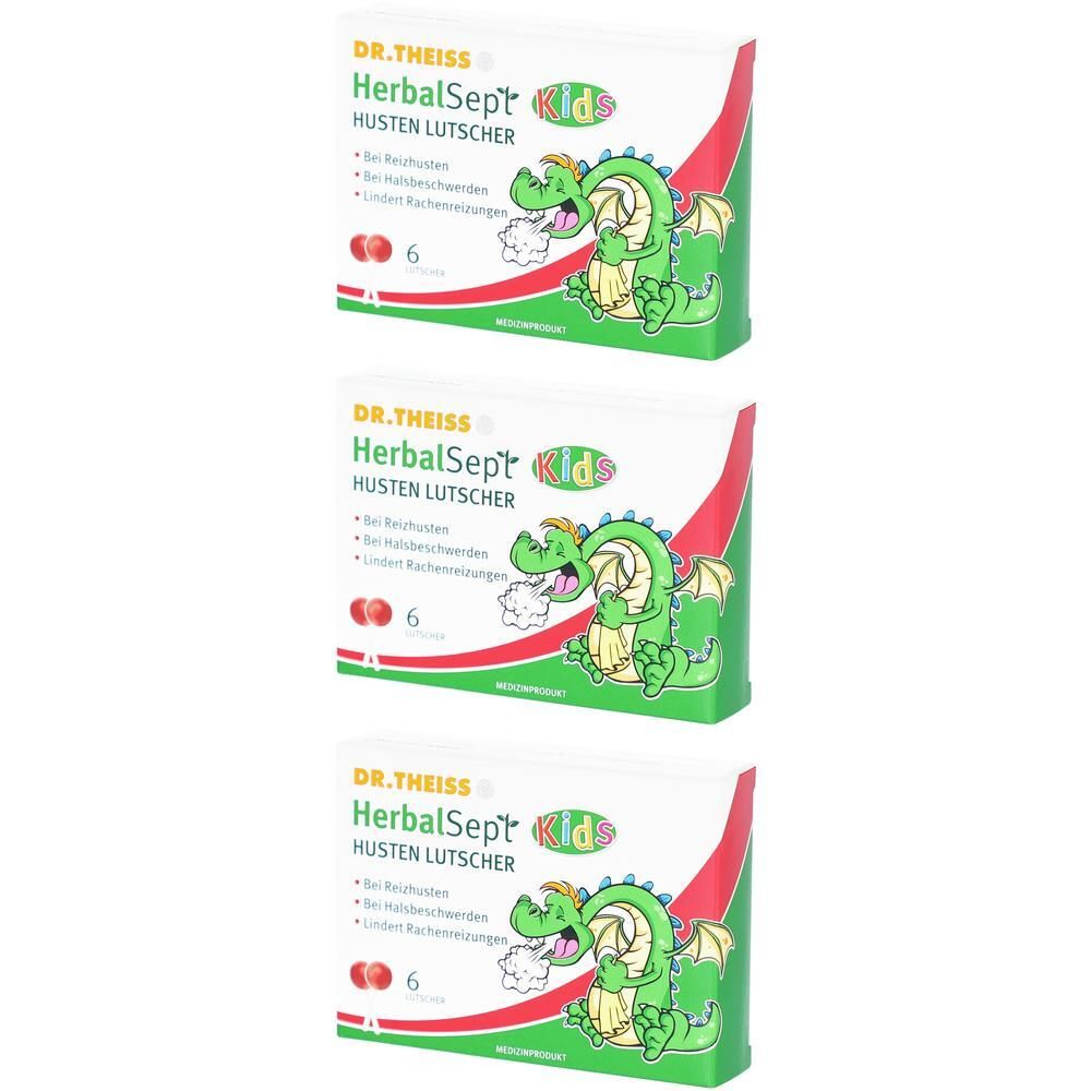 Drei Schachteln mit Hustenbonbons. Aufdruck: Dr. Theiss HerbalSept Kids. Abbildung eines grünen Drachen. 6 Lutschbonbons.