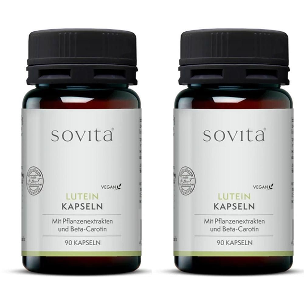 Zwei Flaschen SoVita Lutein Kapseln. Braune Glasflaschen mit schwarzen Deckeln. Aufschrift: Lutein Kapseln, vegan, 90 Kapseln.