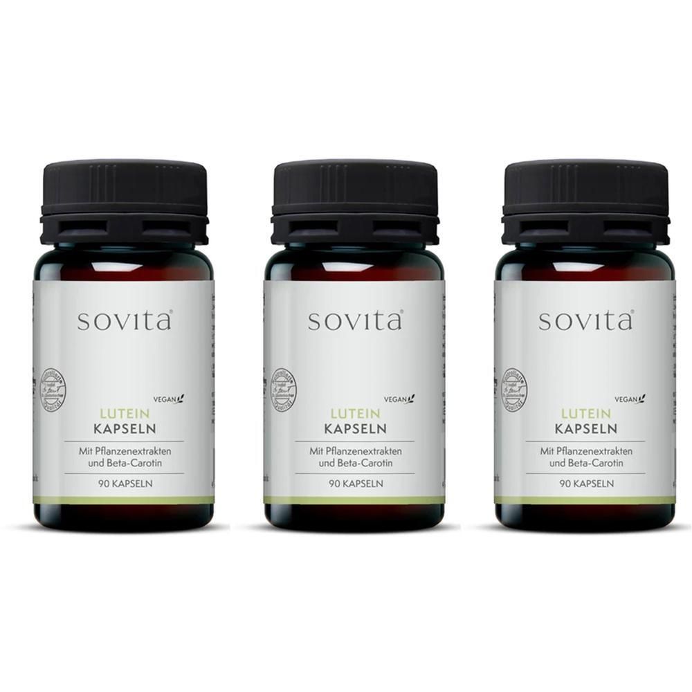 Drei Flaschen mit schwarzen Deckeln. Auf den Etiketten steht "sovita", "Lutein Kapseln" und "90 Kapseln". Vegan-Siegel.
