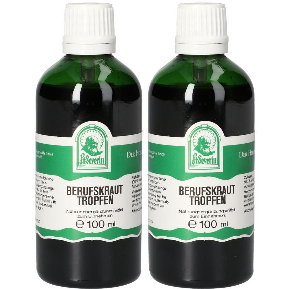 Zwei grüne Flaschen mit weißem Verschluss. Aufschrift: Berufskraut Tropfen, St. Severin Logo. Grüne und weiße Etiketten.