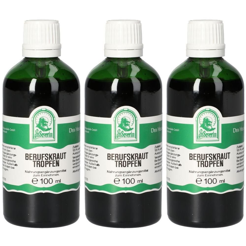 Drei grüne Glasflaschen mit weißen Verschlüssen. Etiketten mit Produktnamen und Logo.