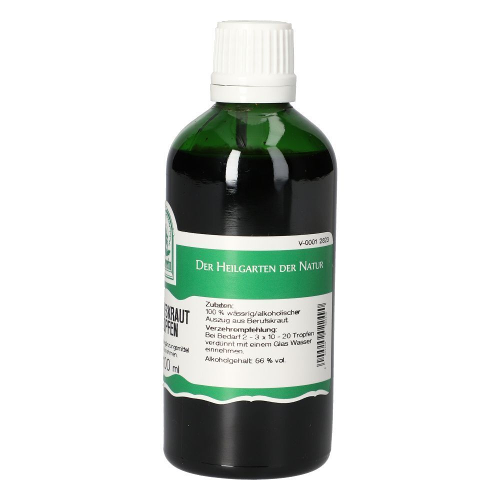 Grüne Glasflasche mit weißem Verschluss. Etikett mit Produktinformationen und Logo.