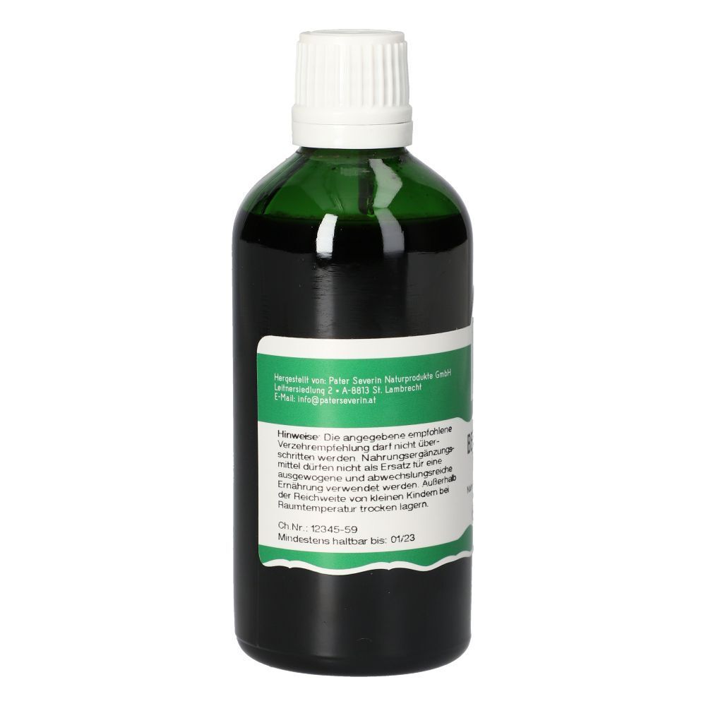 Grüne Glasflasche mit weißem Verschluss. Etikett mit Produktinformationen und Logo.