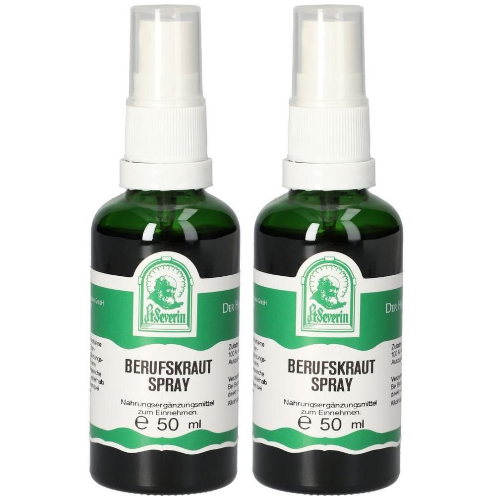 Zwei grüne Glasflaschen mit weißem Sprühkopf. Etikett mit Text: Berufskraut Spray, St. Severin Logo.