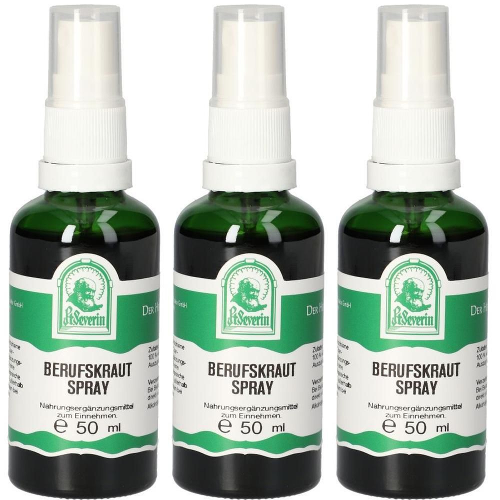 Drei grüne Glasflaschen mit Sprühkopf. Aufschrift: Berufskraut Spray, St. Severin. Etikett mit grünen und weißen Elementen.