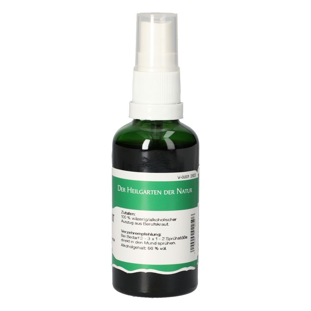 Grüne Glasflasche mit Sprühkopf. Aufschrift: Der Hergarten der Natur. Etikett mit grünen und weißen Elementen. Text in deutscher Sprache.