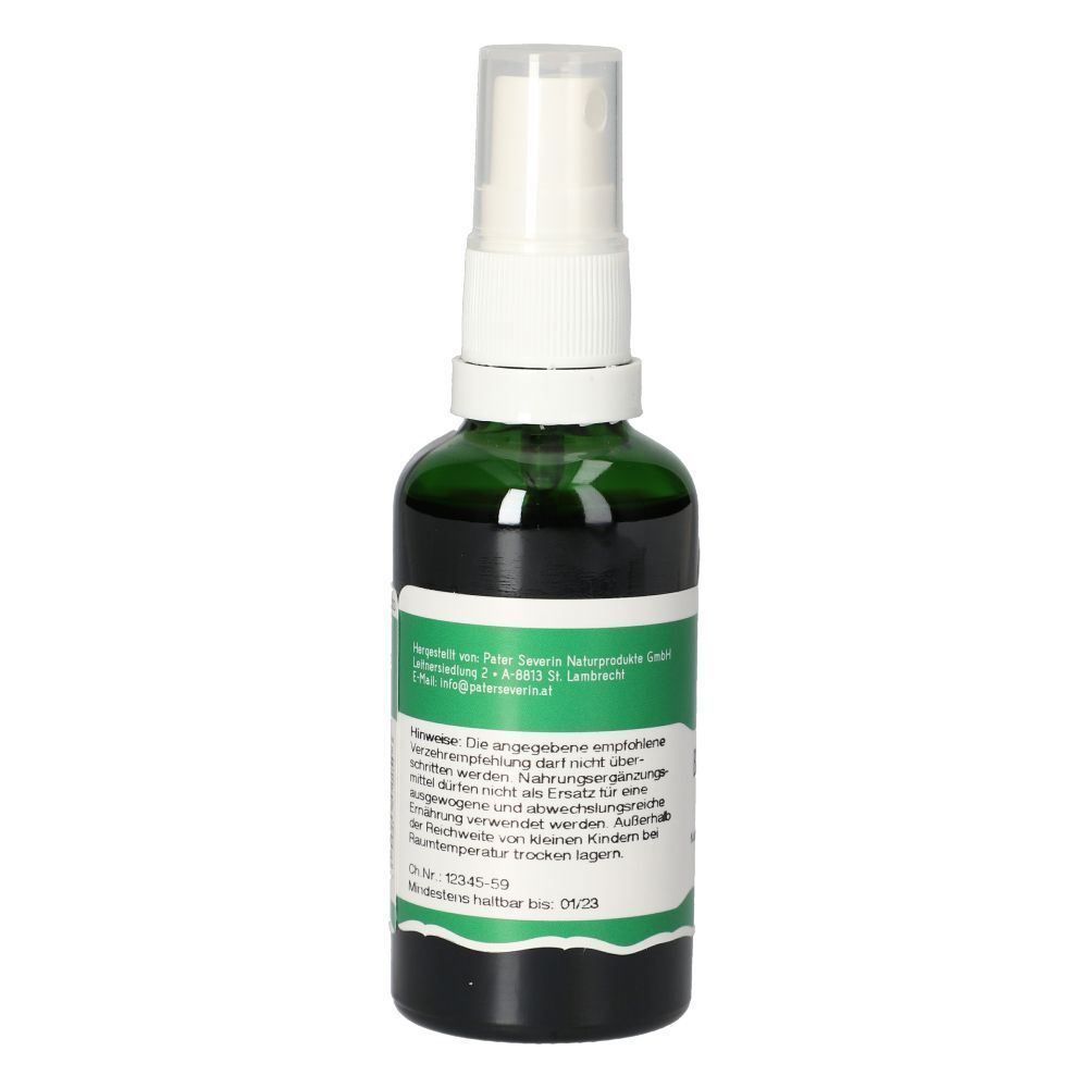 Grüne Glasflasche mit Sprühkopf. Etikett mit Text in deutscher Sprache. Informationen über Inhaltsstoffe und Anwendung.
