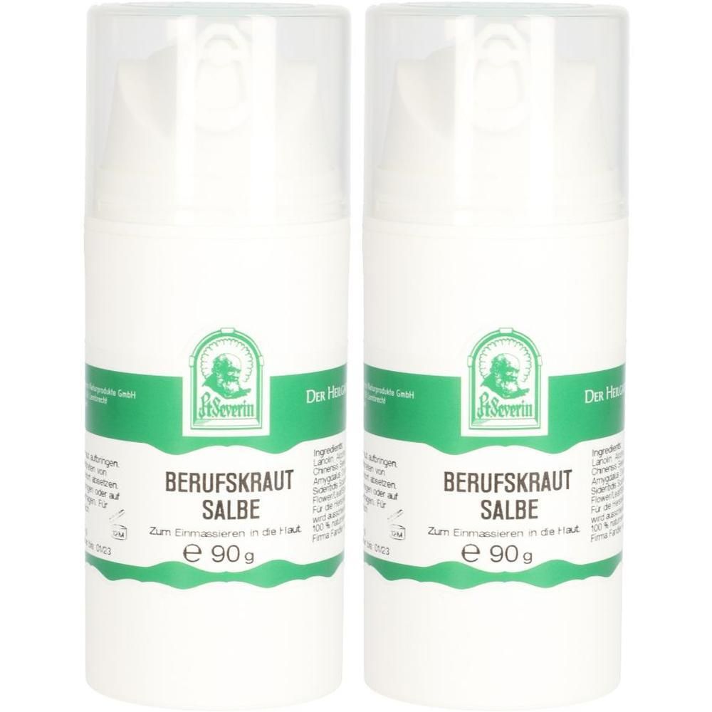 Zwei weiße Pumpspender mit je 90g Salbe, "BERUFSKRAUT SALBE" Aufschrift.