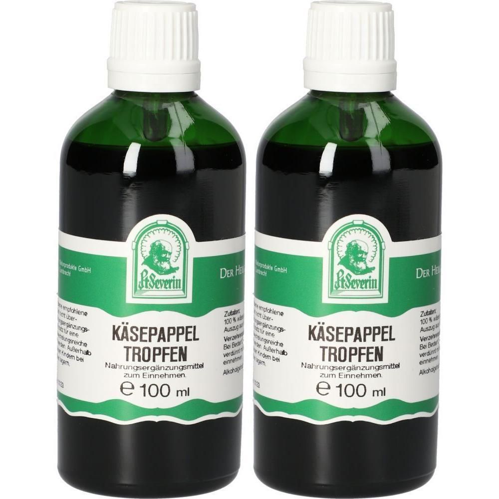 Zwei grüne Flaschen mit weißem Deckel und Etikett. Aufschrift: St. Severin Käsepappel Tropfen. E 100 ml.