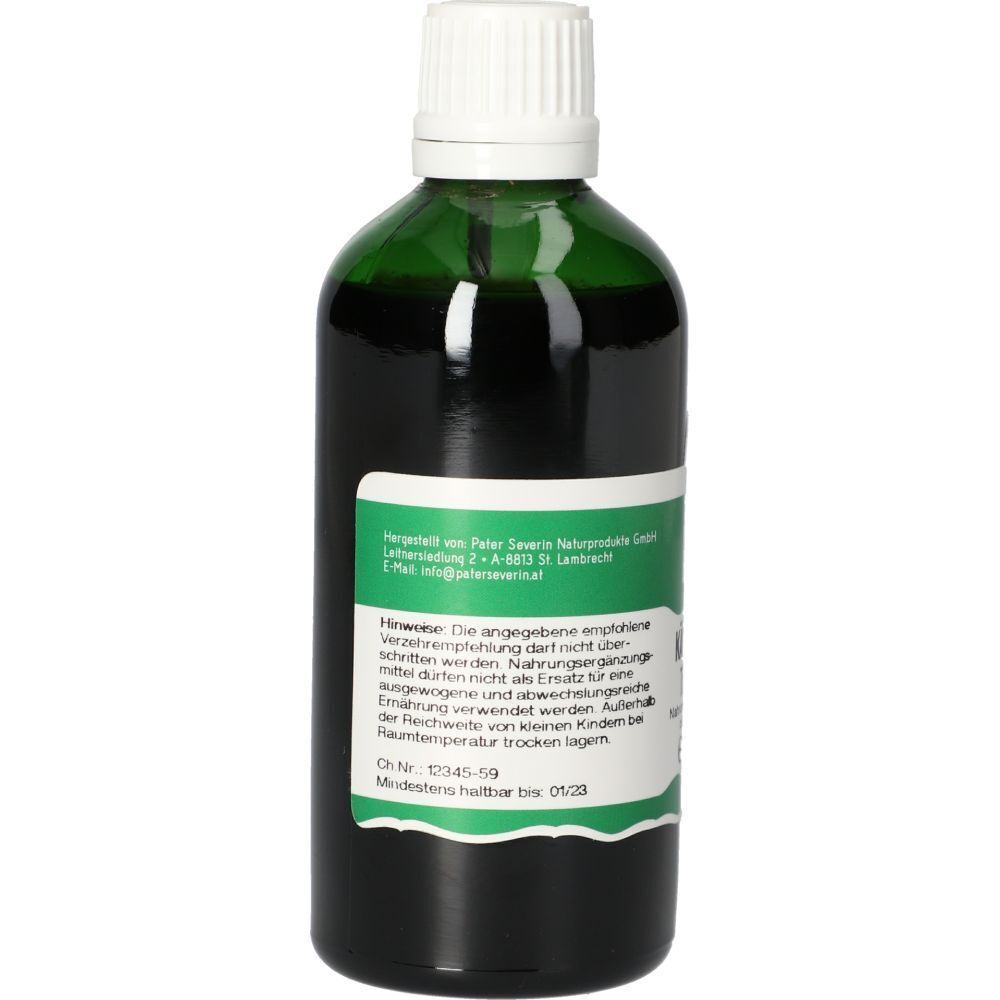 Grüne Flasche mit weißem Deckel und Etikett. Text auf dem Etikett. Mindestens haltbar bis 05/23.