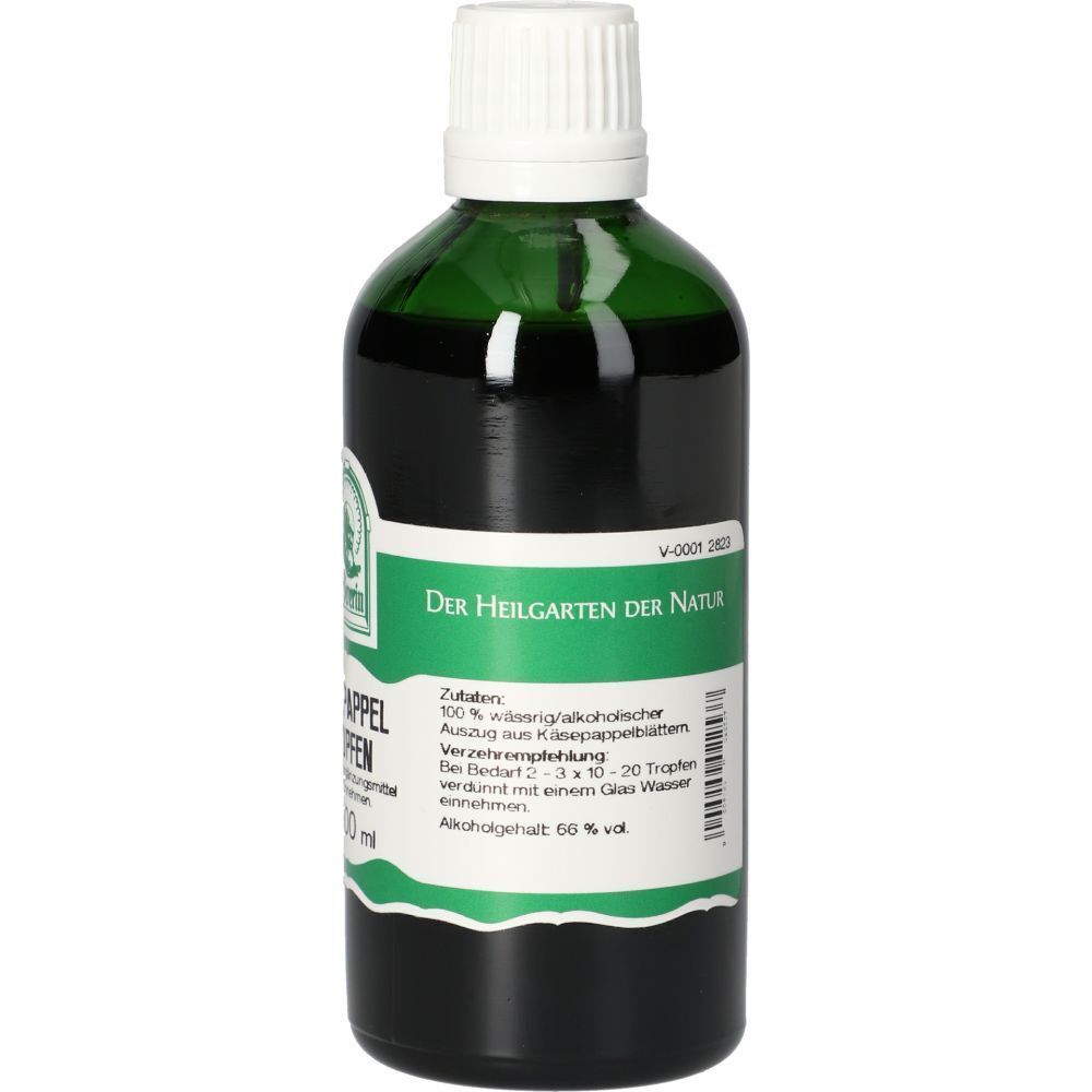 Grüne Flasche mit weißem Deckel. Aufschrift: Käsepappel Tropfen. Grün-weißes Etikett mit Text und Logo.