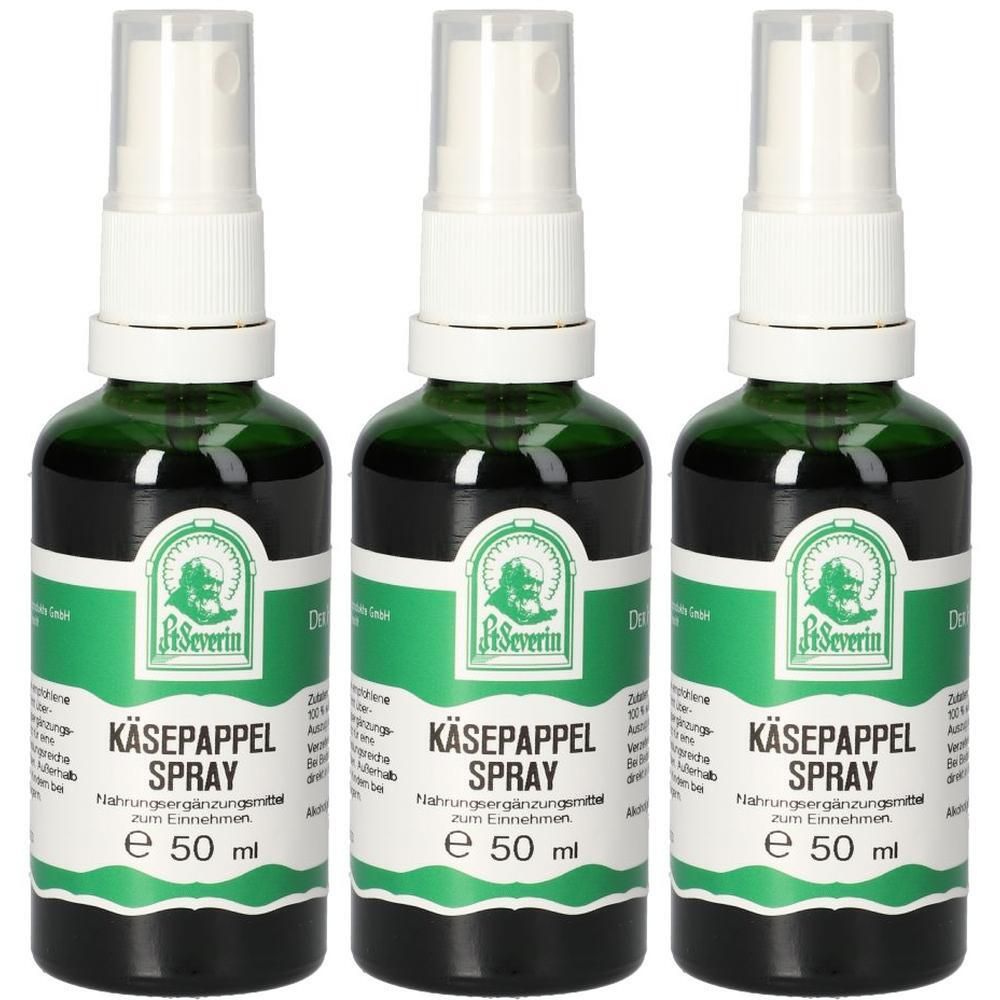 Drei grüne Sprühflaschen mit weißem Aufsatz. Aufschrift: Käsepappel Spray, Logo. Flaschen nebeneinander.