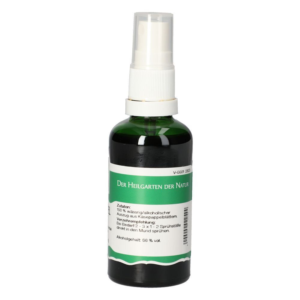Grüne Sprühflasche mit weißem Aufsatz. Aufschrift: Der Heilgarten der Natur, Zutaten, Text. Nahaufnahme.