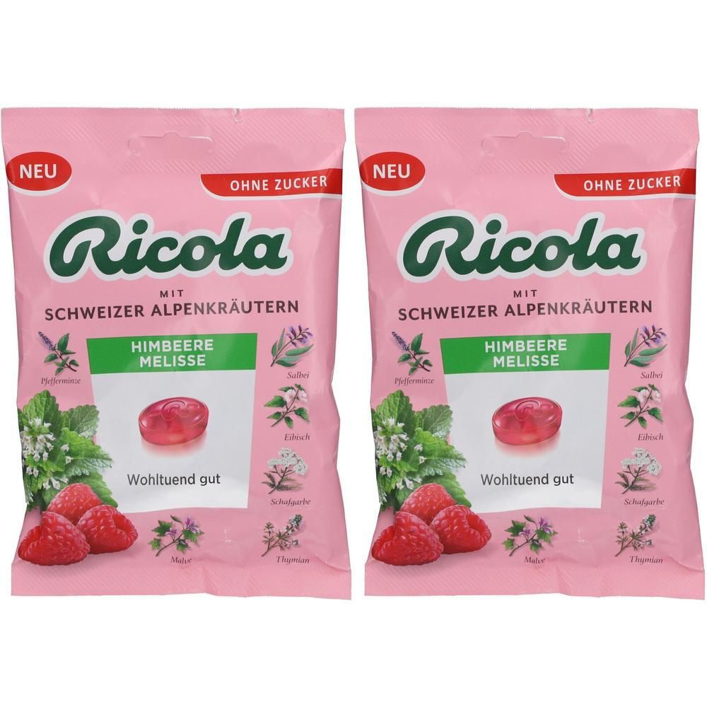 Zwei Beutel Ricola Himbeere Melisse. Rosa Verpackung mit Logo, Produktbezeichnung und Abbildungen von Himbeeren und Kräutern. Aufschrift: Ohne Zucker.