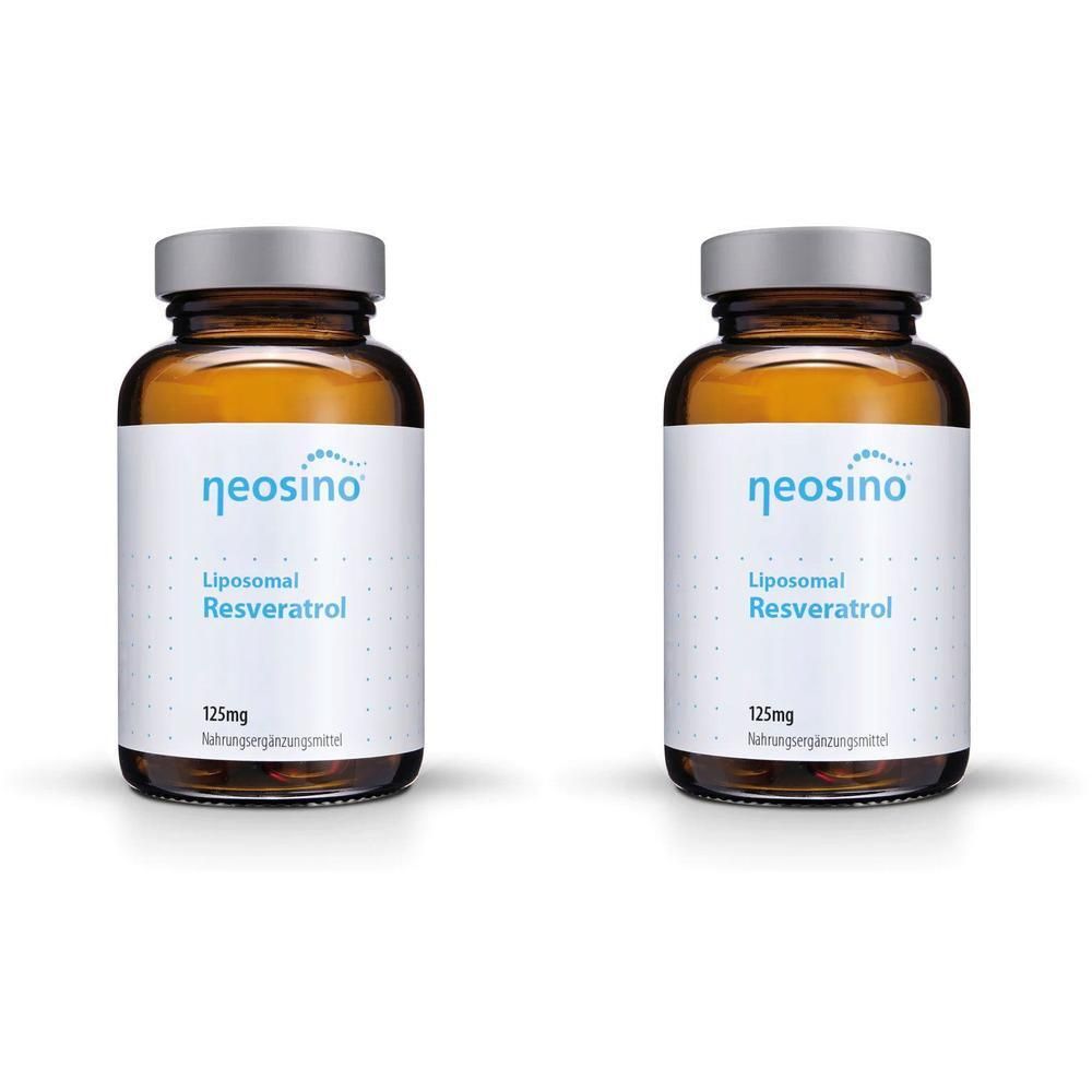 Zwei braune Glasflaschen mit silbernen Deckeln. Auf den Etiketten steht "neosino", "Liposomal Resveratrol" und "125mg".
