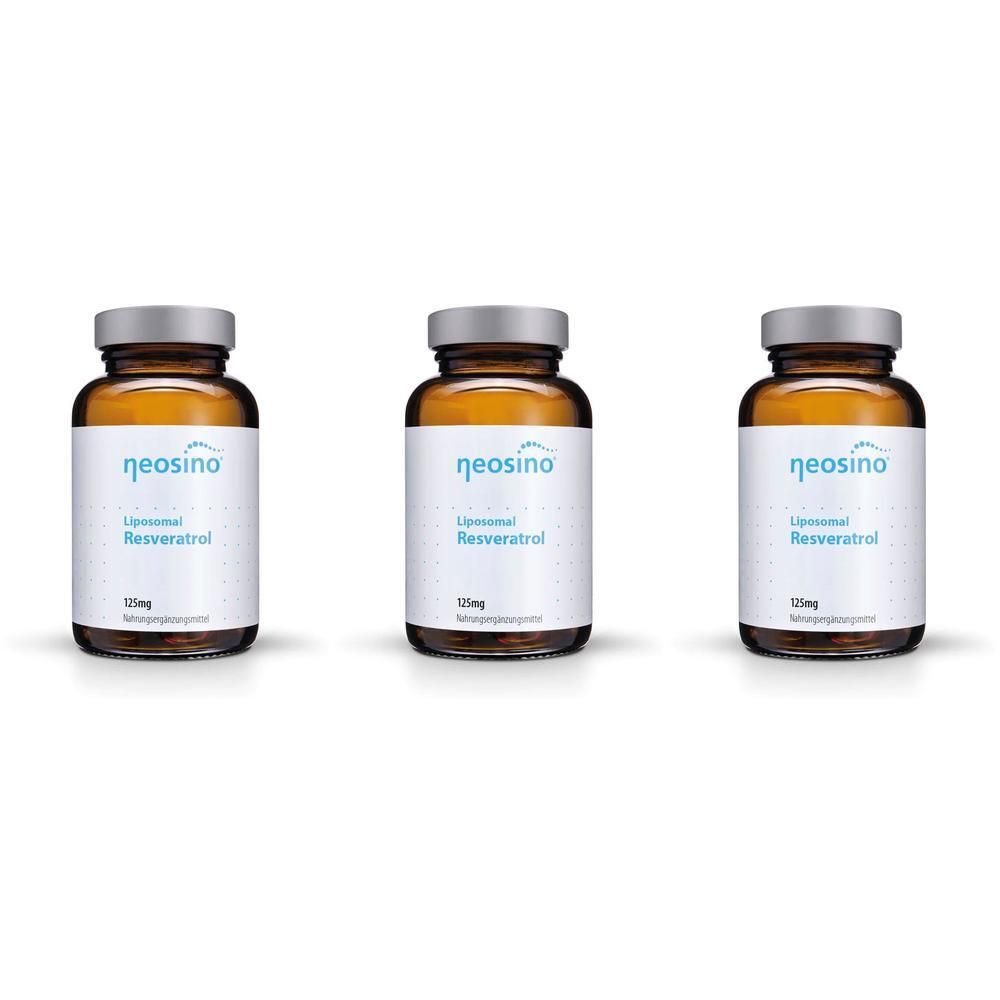 Drei braune Glasflaschen mit silbernen Deckeln. Auf den Etiketten steht "neosino Liposomal Resveratrol".