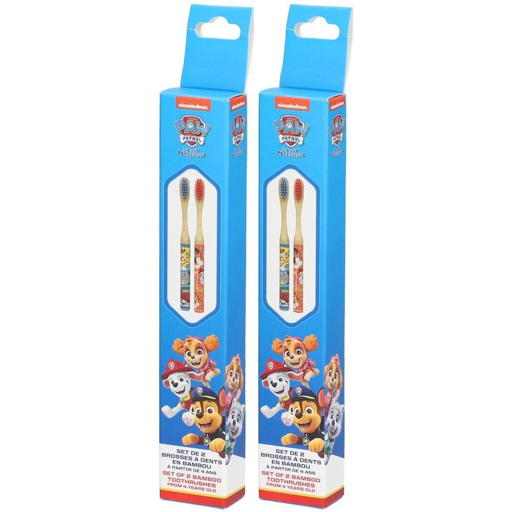Zwei Zahnbürsten-Sets in blauen Verpackungen. Jedes Set enthält zwei Bambuszahnbürsten mit Paw Patrol-Motiven. Nickelodeon-Logo.