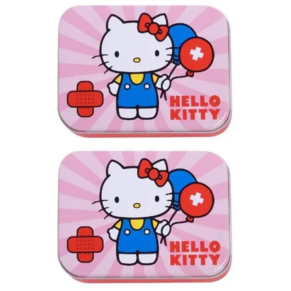 Zwei rechteckige Dosen mit Hello Kitty Motiv, jeweils mit einem Pflaster und Luftballons.