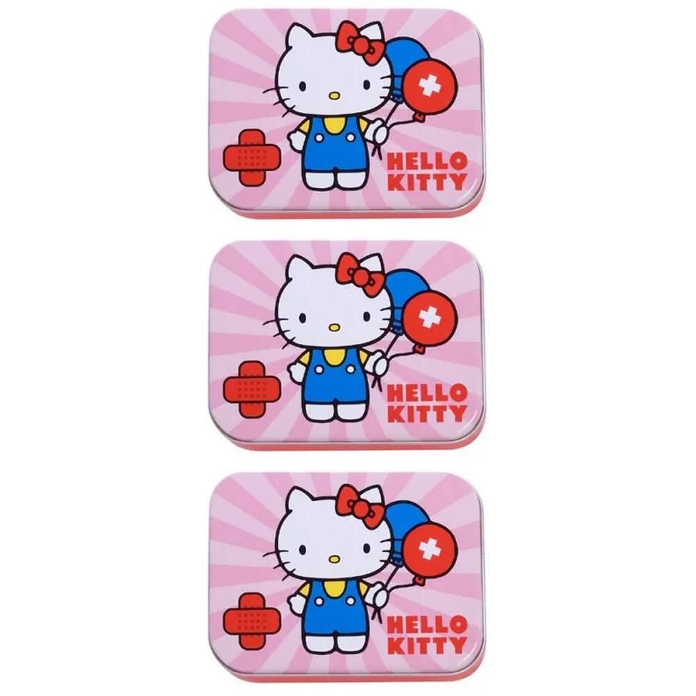 Hello Kitty Pflaster-Dose mit drei Stück. Rosa Hintergrund mit Strahlenmuster. Hello Kitty hält zwei Ballons und ein Pflaster.