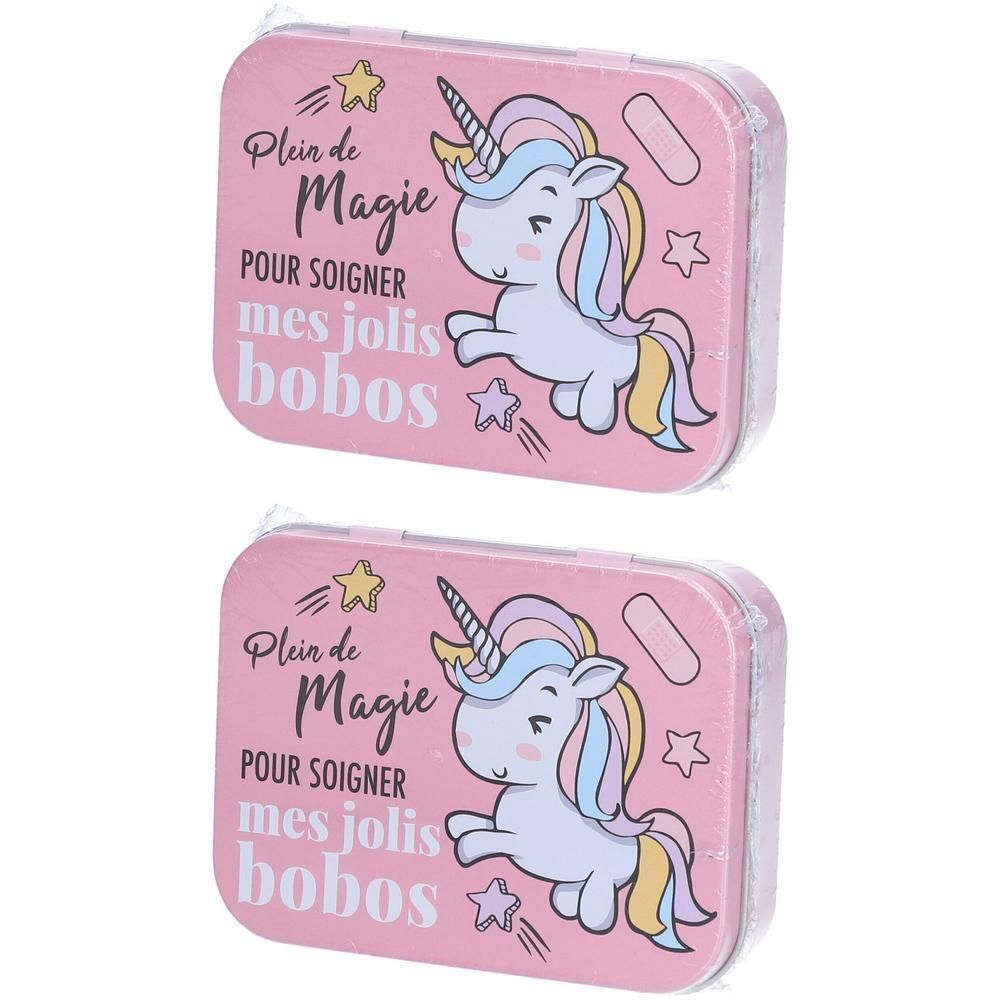 Zwei rosa Metallboxen mit Einhorn-Motiv und Text. Aufschrift: Plein de Magie, Pour soigner mes jolis bobos.