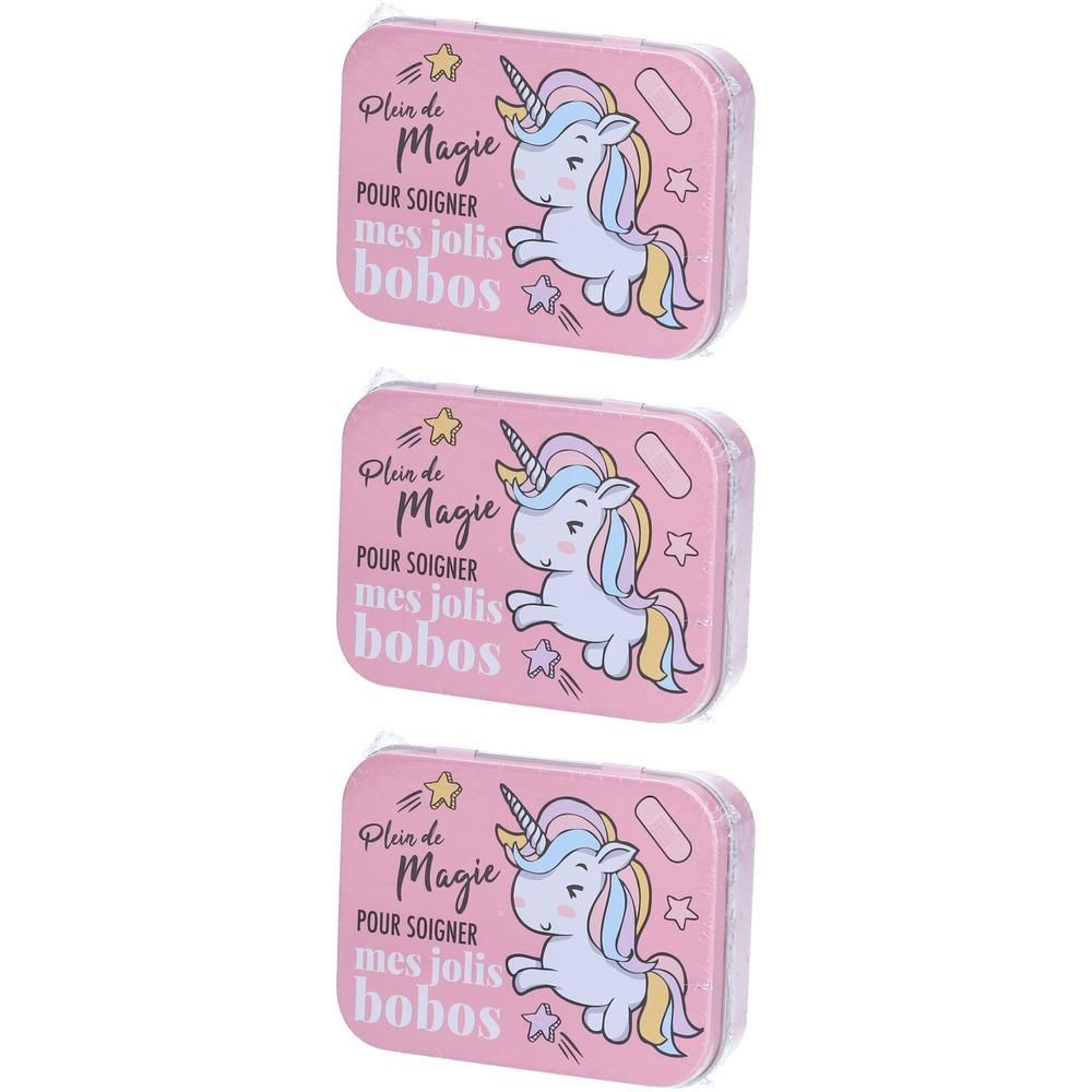 Drei rosa Metallboxen mit Einhorn-Motiv und Text. Aufschrift: Plein de Magie, POUR SOIGNER mes jolis bobos.