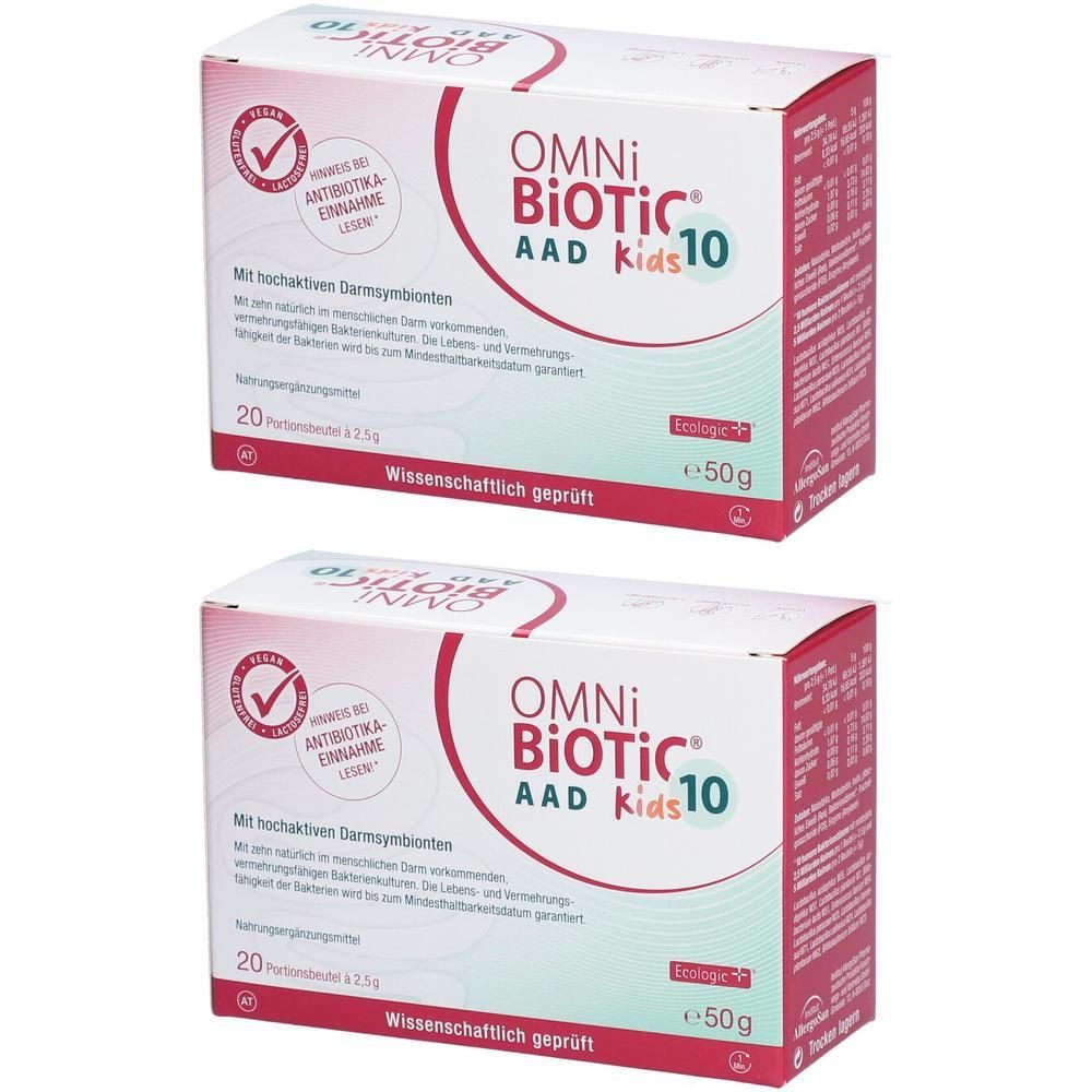 Zwei Kartons OMNi-BiOTiC® AAD kids 10. Weiß-rot, mit Logo und Text. Enthält 20 Portionen. Aufschrift: Wissenschaftlich geprüft.