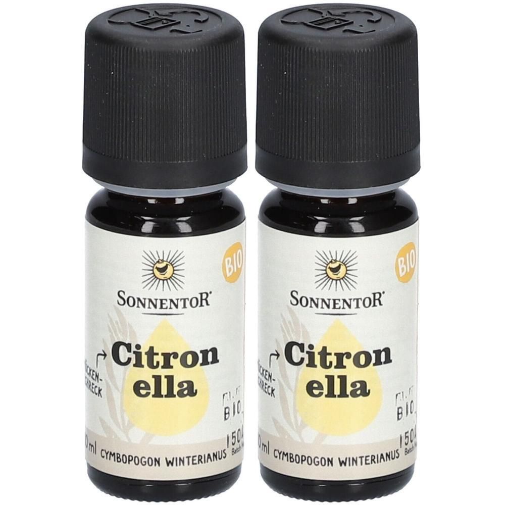 Zwei Flaschen SonnentoR Citronella ätherisches Öl. Schwarze Kappe, transparente Flasche mit Etikett. BIO-Zertifizierung.