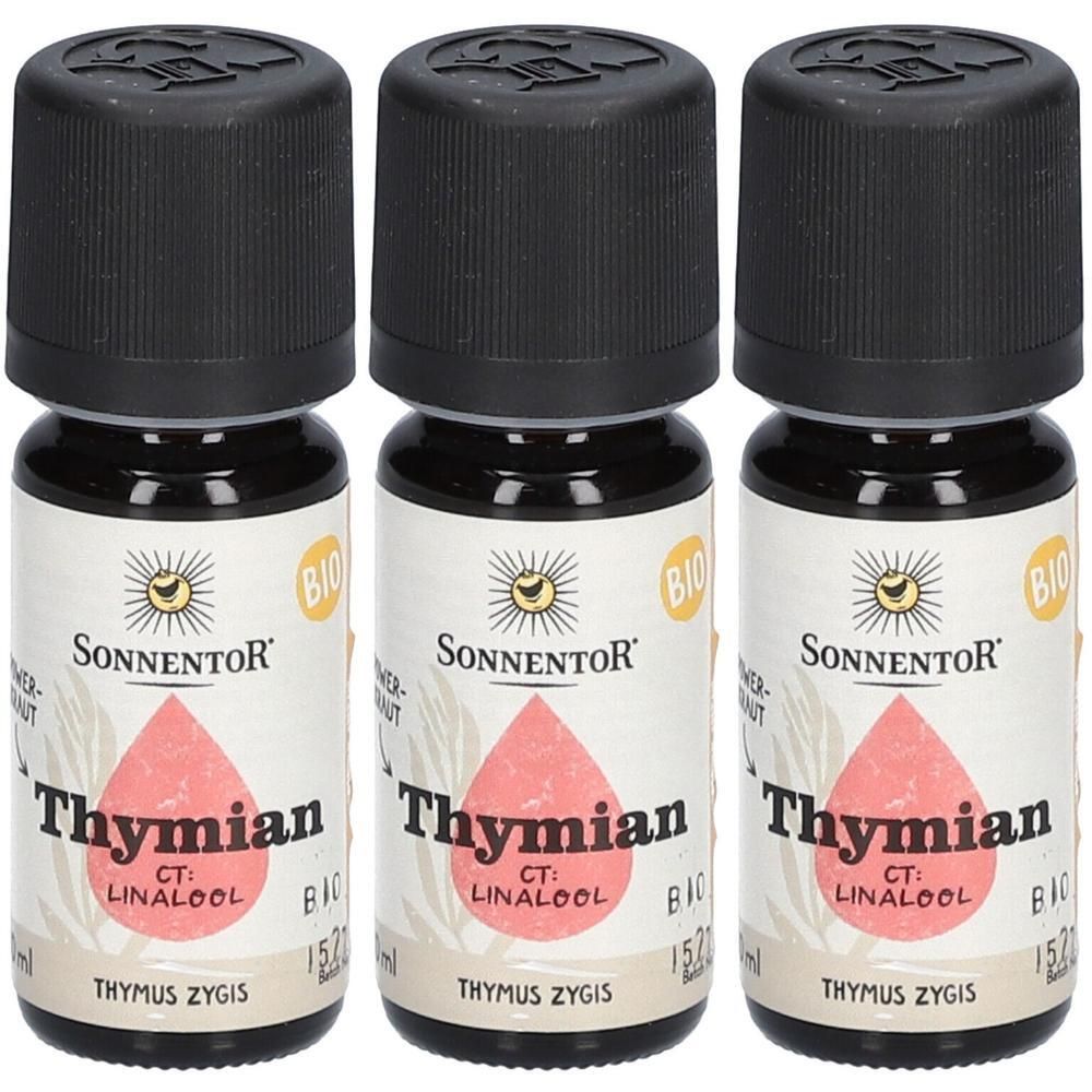 Drei kleine Glasflaschen mit schwarzem Deckel. Auf den Etiketten steht "Thymian CT: Linalool" und "BIO". Das Logo von SonnentoR ist sichtbar.