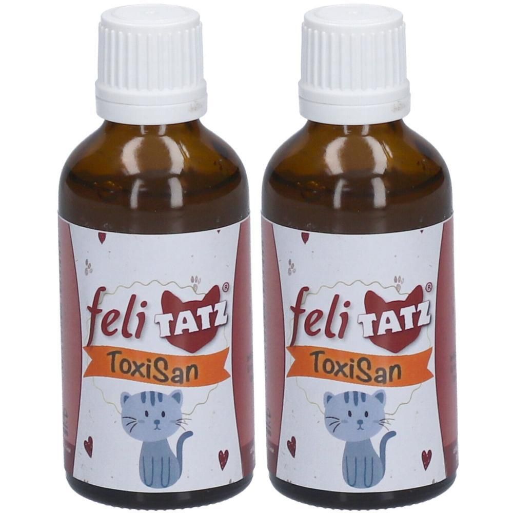 Zwei braune Glasflaschen mit weißen Verschlüssen. Etiketten mit "feliTATZ ToxiSan" und Katzen-Illustrationen.