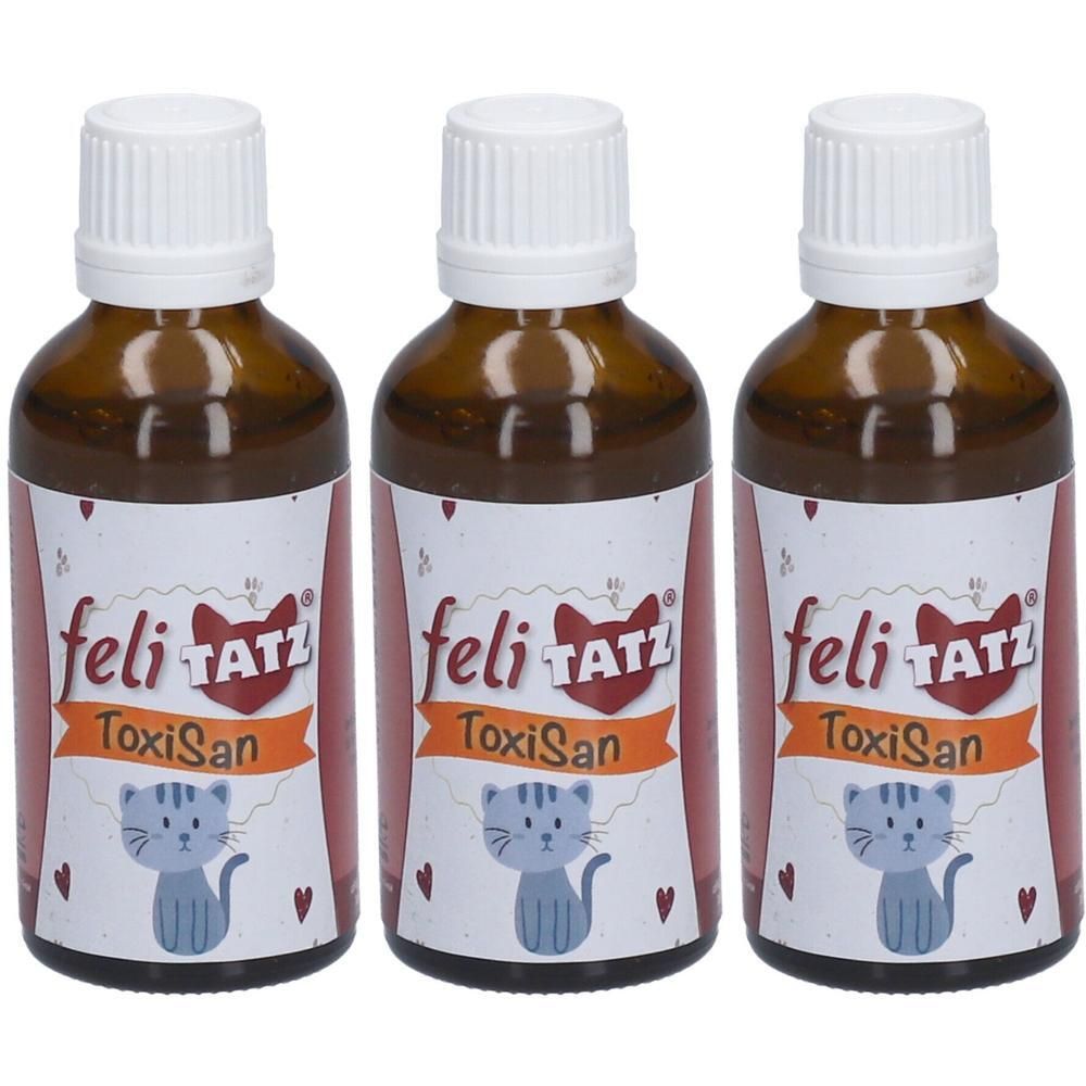 Drei braune Flaschen mit weißen Deckeln und Etiketten. Auf den Etiketten steht "feliTATZ ToxiSan" und ein Katzen-Cartoon.