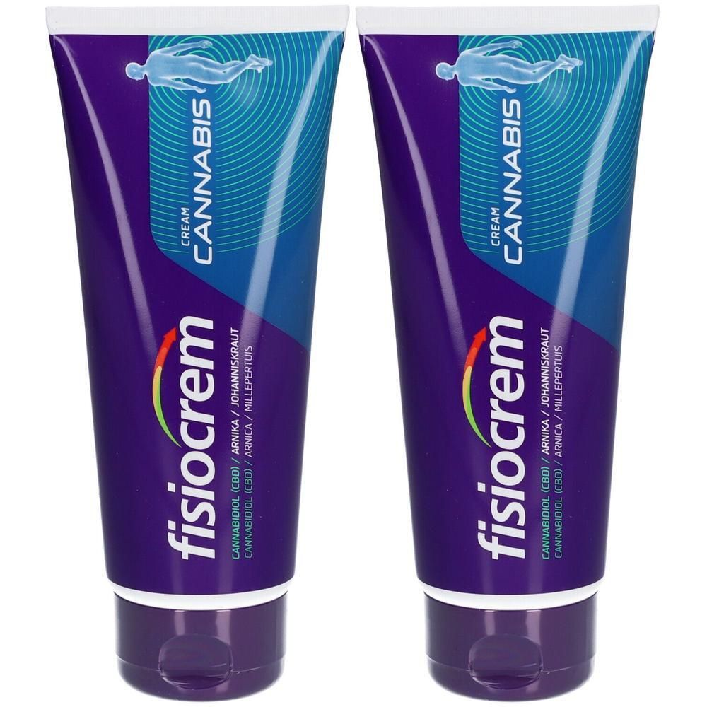 Zwei Tuben fisiocrem Cannabis Creme. Lila Tuben mit weißem Deckel. Text: Cannabis, Arnika, Johanniskraut.