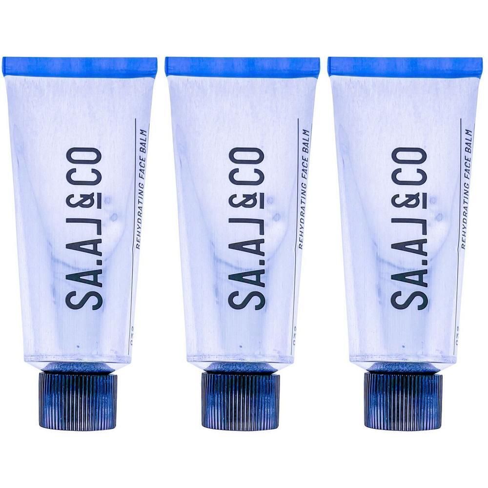 Drei Tuben SA.AL&CO REHYDRATING FACE BALM mit blauen Schraubverschlüssen.