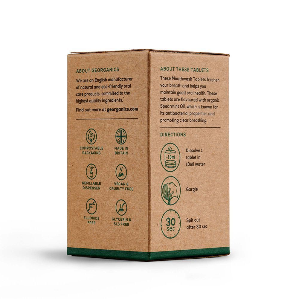 Braune Kartonverpackung mit Text und Illustrationen. Aufschrift: georganics. Symbole für kompostierbare Verpackung, vegan, etc.