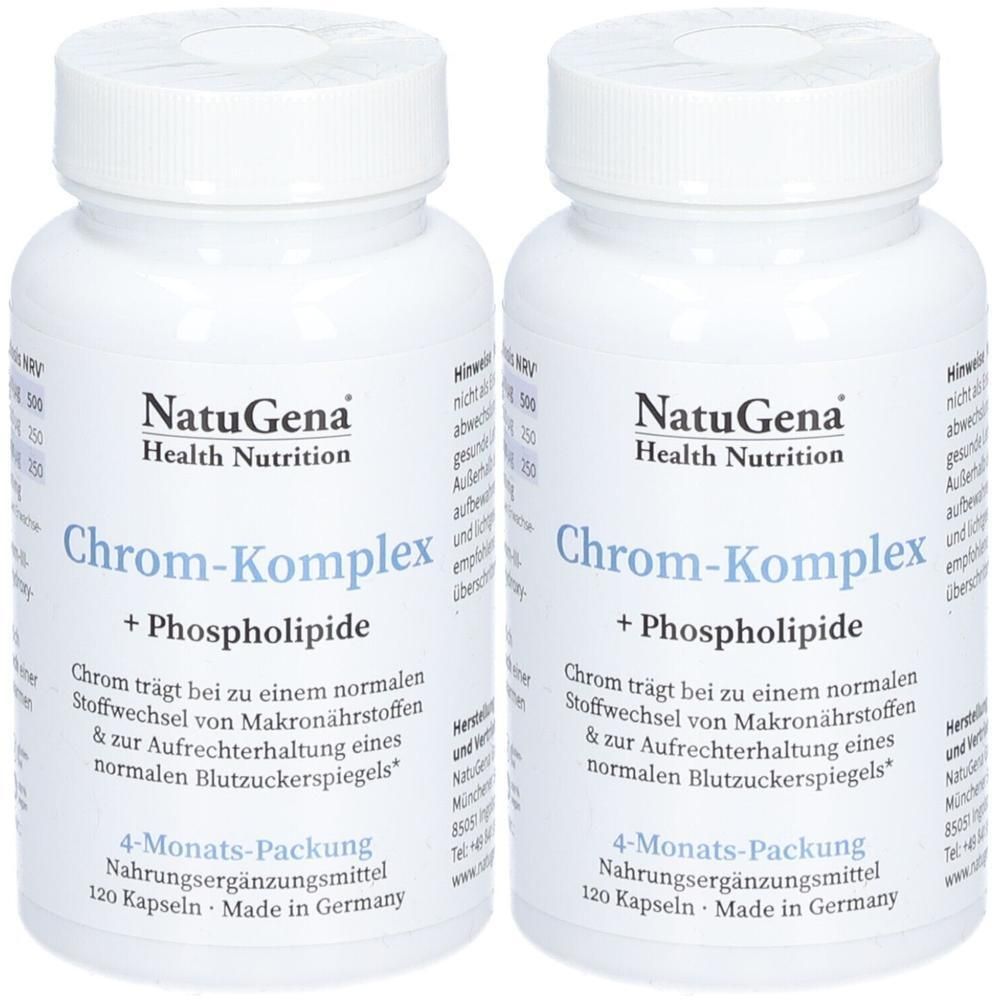 Zwei weiße Flaschen von NatuGena Chrom-Komplex. Aufschrift: 4-Monats-Packung, 120 Kapseln. Hergestellt in Deutschland.