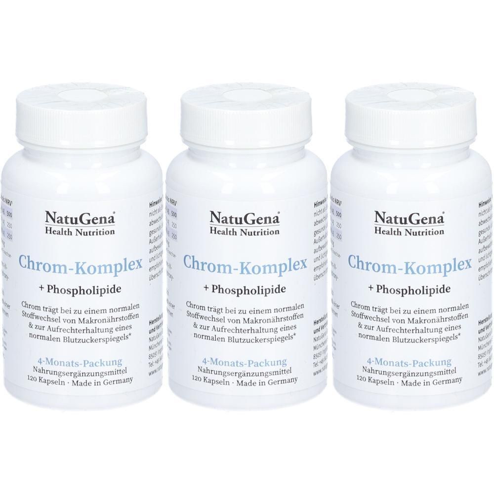 Drei weiße Flaschen mit Schraubverschluss. Aufschrift: NatuGena Chrom-Komplex + Phospholipide. 4-Monats-Packung. 120 Kapseln. Made in Germany.