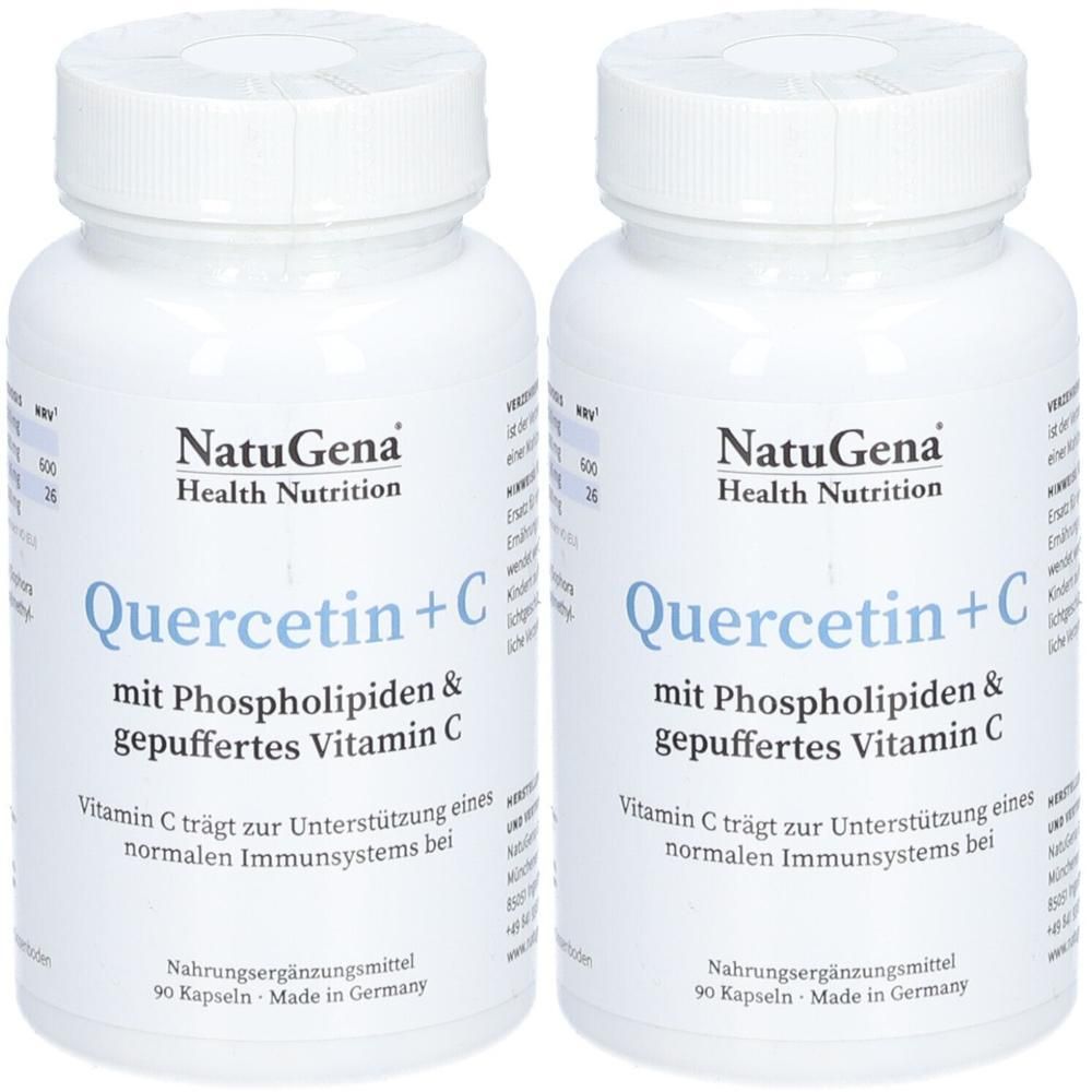 Zwei weiße Flaschen mit Etiketten. Aufschrift: NatuGena Quercetin + C. Nahrungsergänzungsmittel mit Vitamin C. 90 Kapseln.