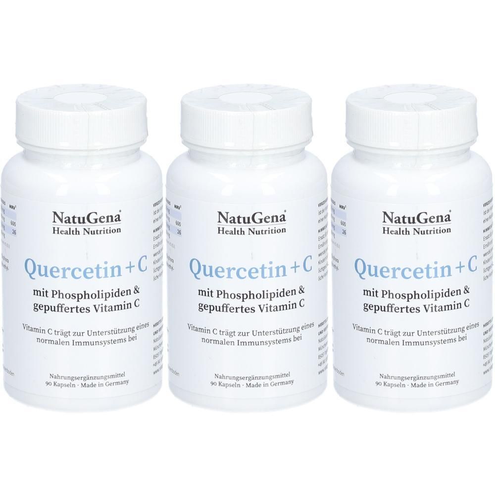 Drei weiße Flaschen mit Kapseln. Auf jeder Flasche steht "NatuGena Quercetin + C" mit weiteren Informationen. Hergestellt in Deutschland.