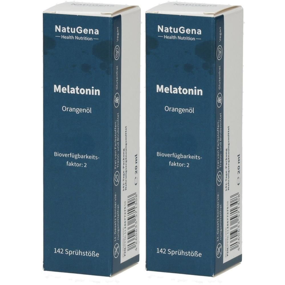 Zwei rechteckige Schachteln. Aufschrift: NatuGena, Melatonin, Orangenöl, Bioverfügbarkeitsfaktor 2, 142 Sprühstöße. Blaue und weiße Farbgebung.