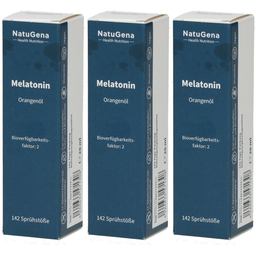 Drei rechteckige Schachteln. Aufschrift: NatuGena, Melatonin, Orangenöl. Blaue Vorderseite mit weißer Schrift. 142 Sprühstöße, 20 ml.