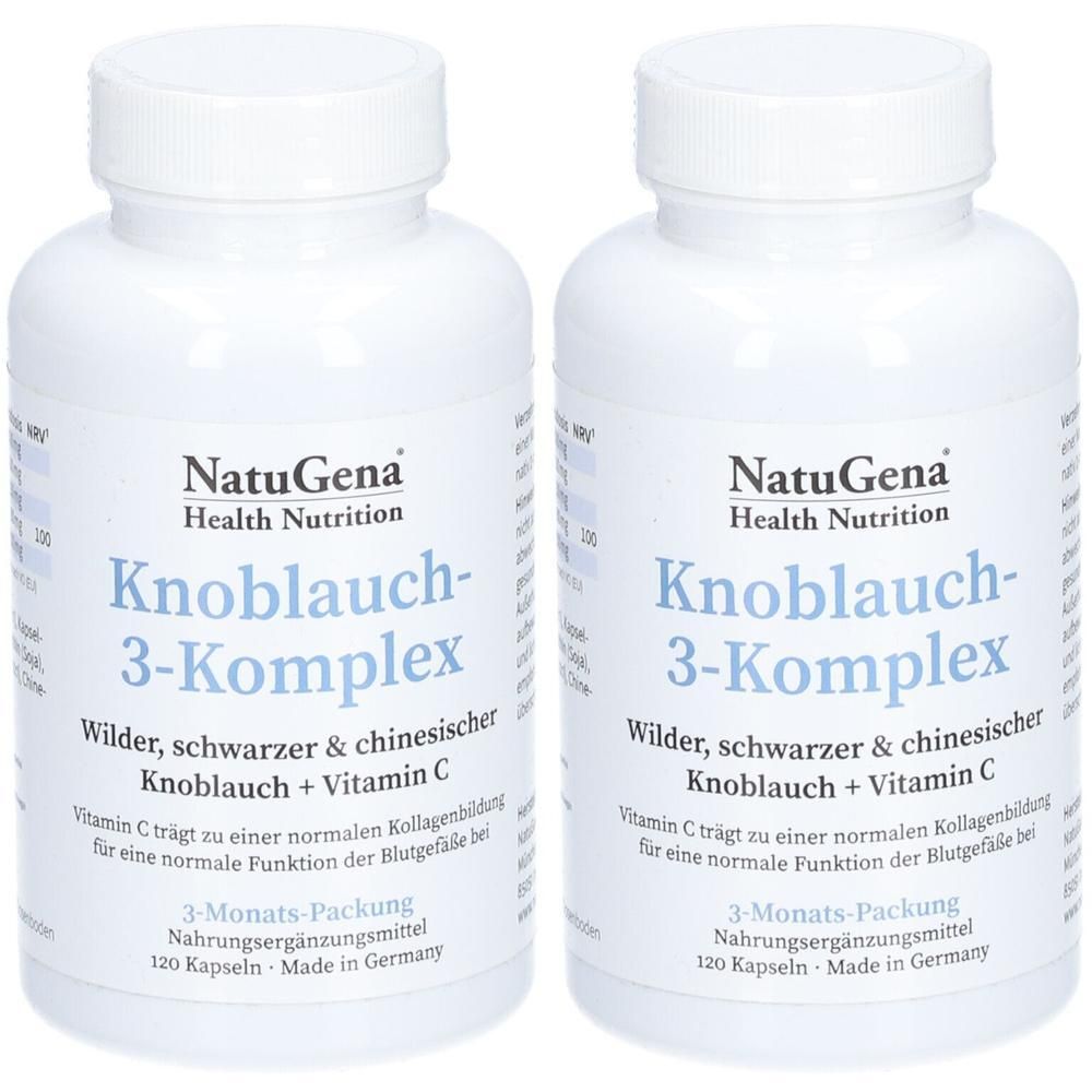 Zwei weiße Flaschen mit Etiketten. Aufschrift: NatuGena Knoblauch-3-Komplex. Enthält Knoblauch und Vitamin C. 3-Monats-Packung, 120 Kapseln.