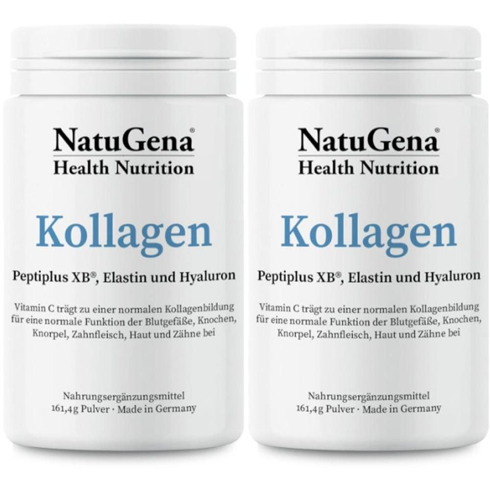 Zwei weiße Dosen mit dem Aufdruck "NatuGena Kollagen". Text: Peptiplus XB, Elastin und Hyaluron. Nahrungsergänzungsmittel.