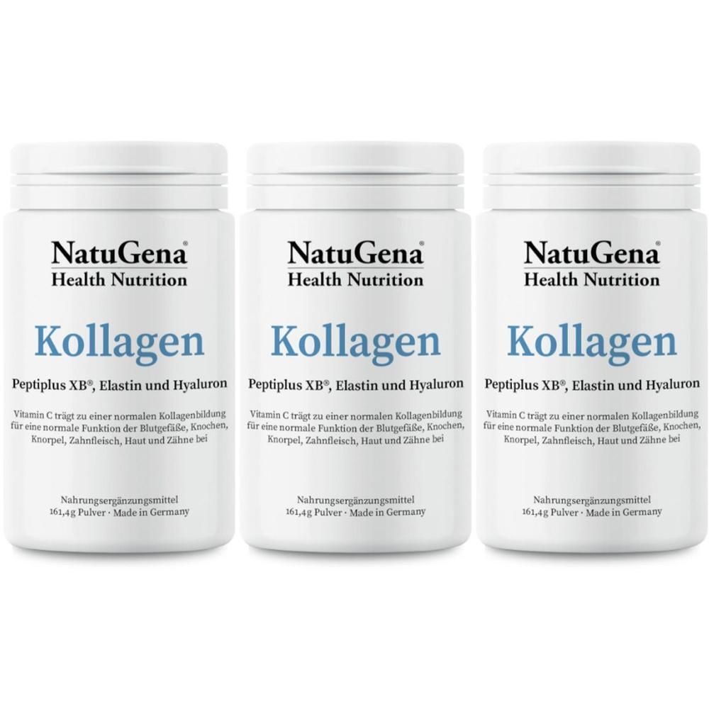 Drei weiße Dosen mit dem Aufdruck NatuGena Health Nutrition. Aufschrift Kollagen, Peptiplus XB, Elastin und Hyaluron. Nahrungsergänzungsmittel.