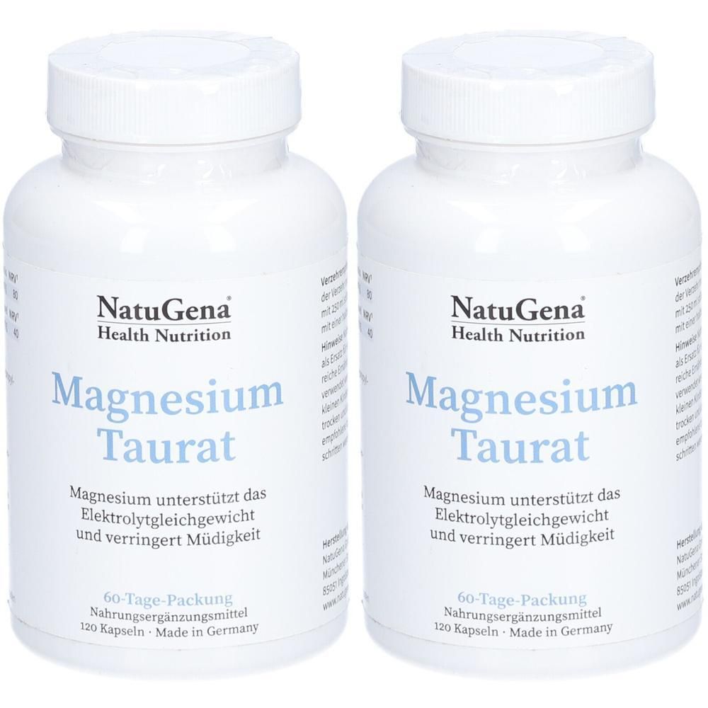 Zwei weiße Flaschen mit Schraubverschluss. Aufschrift: NatuGena Magnesium Taurat. Enthält 120 Kapseln. Nahrungsergänzungsmittel.