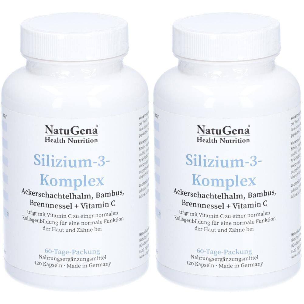Zwei weiße Flaschen mit Schraubverschluss. Aufschrift: NatuGena Silizium-3-Komplex. Nahrungsergänzungsmittel mit 120 Kapseln. Hergestellt in Deutschland.