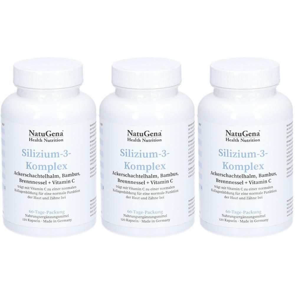 Drei weiße Flaschen mit Etiketten. Auf den Etiketten steht "NatuGena Silizium-3-Komplex".